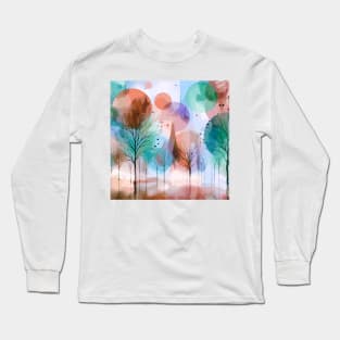 Colorful Sky Blue Pastel Brown Abstract Trees Long Sleeve T-Shirt